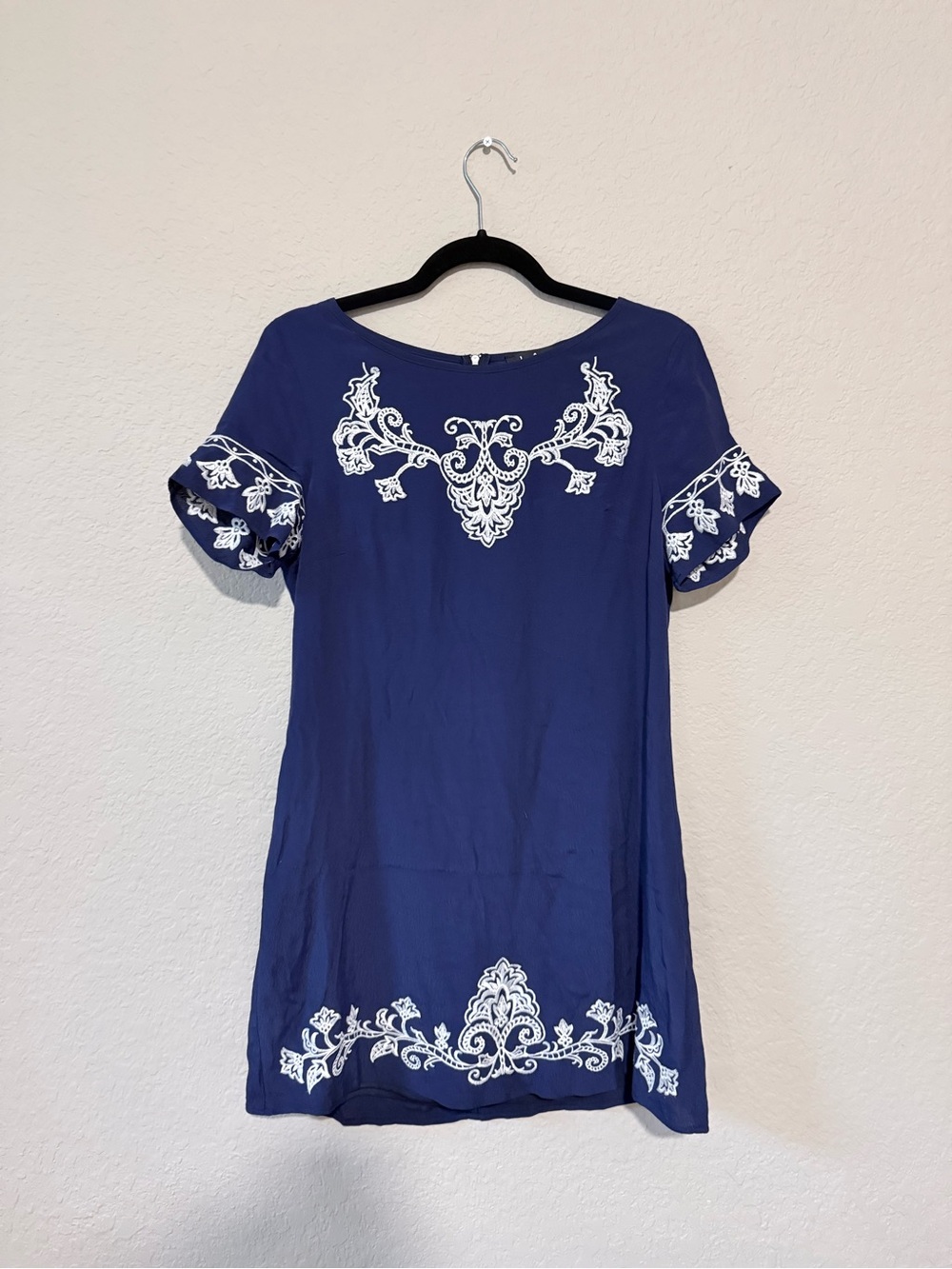Lulu's Navy Blue Dress with White Embroidered Detail